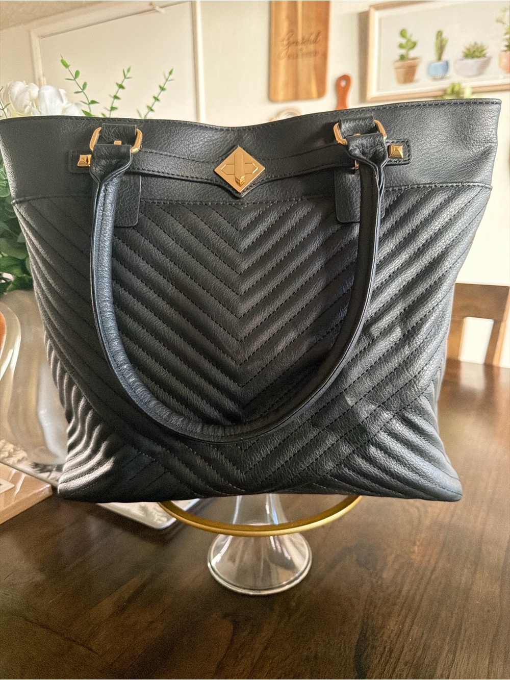 Black Quilted Tote Bag with Gold Accent